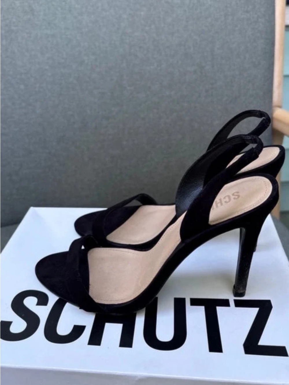 SCHUTZ Black Suede Open-Toe Slingback Heels
